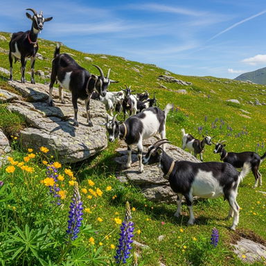 A group of playful goats in a picturesque mountainous landscape with lush green grass and colorful wildflowers
