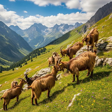 A group of playful goats in a picturesque mountainous landscape with lush green grass and colorful wildflowers