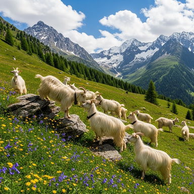 A group of playful goats in a picturesque mountainous landscape with lush green grass and colorful wildflowers