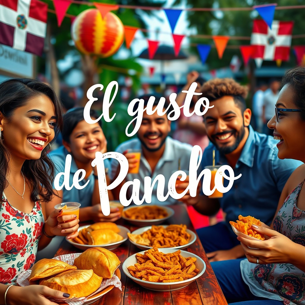 An inviting scene featuring a group of diverse friends enjoying traditional Dominican snacks like empanadas, tostones, and chicharrones at a vibrant outdoor gathering
