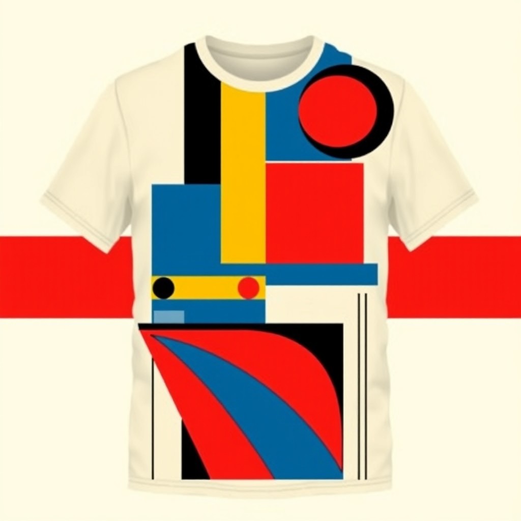 A stylish t-shirt design featuring iconic Bauhaus elements, such as geometric shapes like squares, circles, and triangles, combined with a bold color palette of primary colors (red, blue, yellow) and black