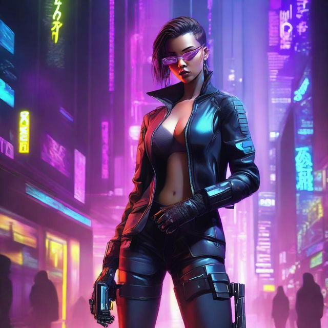 A cyberpunk female spy infiltrator, with neon accents, high-tech futuristic gadgets, edgy attire, and an enigmatic aura in a dense, dystopian cityscape background.