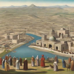 Historical panorama of Iran in the year 1747, showcasing the landscape, architecture and people in traditional clothing of the era.