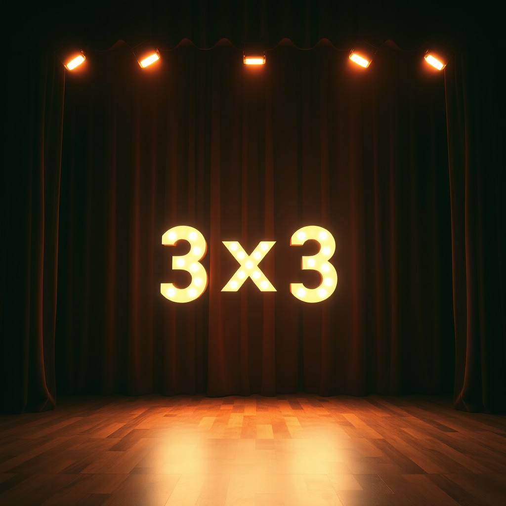 A dark theater stage scene with a velvet curtain, softly illuminated by warm spotlights