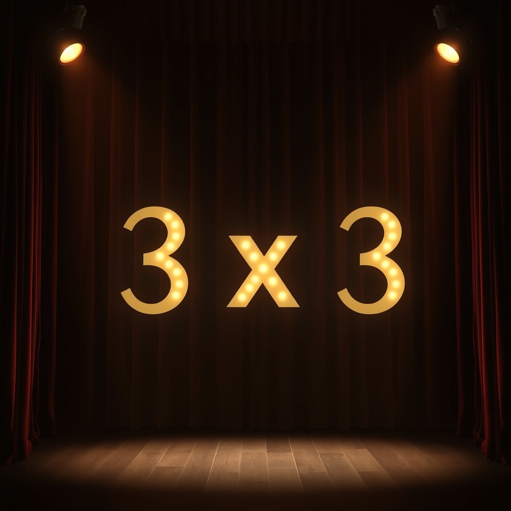 A dark theater stage with a velvet curtain backdrop, softly illuminated by warm spotlights