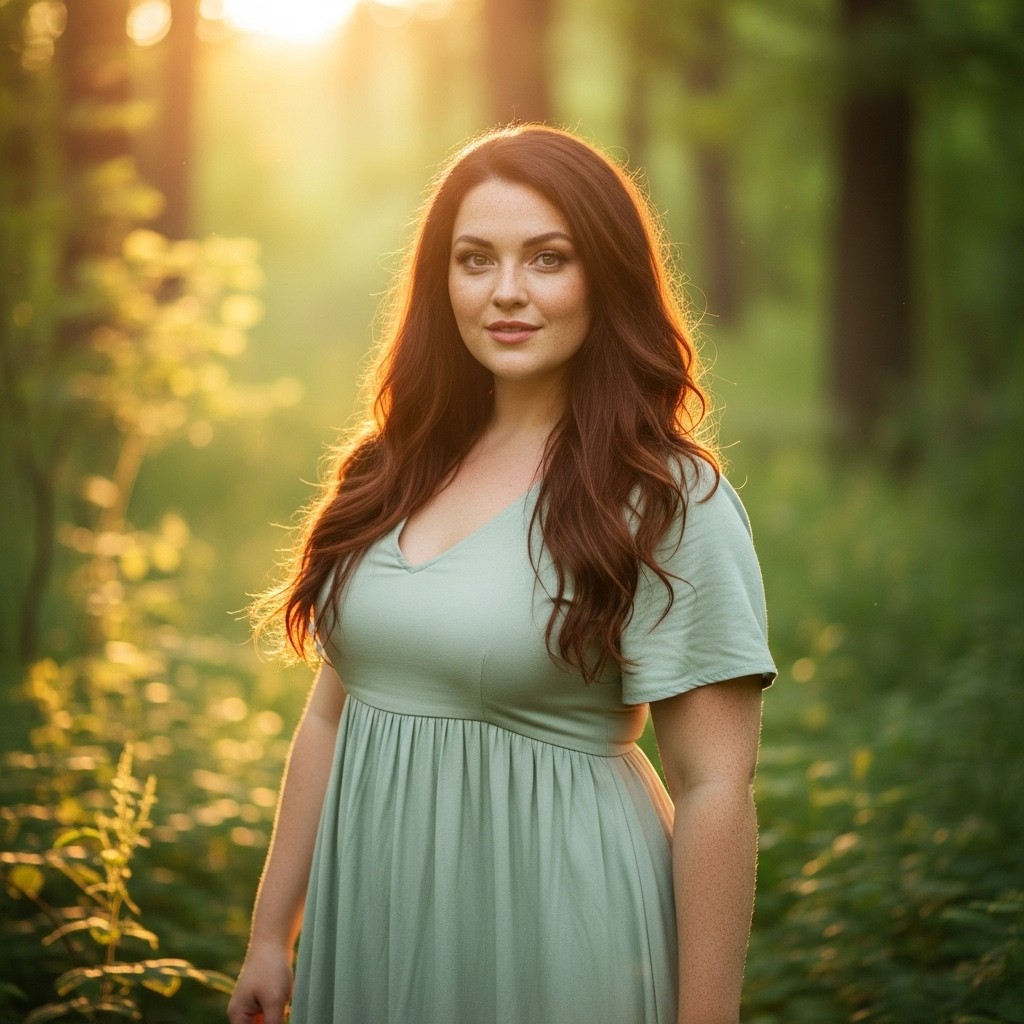 A curvy woman with light freckles, light brownish red hair cascading down her shoulders, big brown eyes sparkling with warmth, a tiny nose, full lips accentuating her smile, and high cheekbones that enhance her striking features