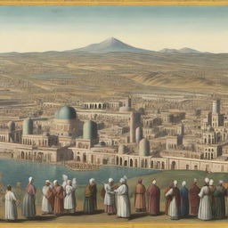 Historical panorama of Iran in the year 1747, showcasing the landscape, architecture and people in traditional clothing of the era.