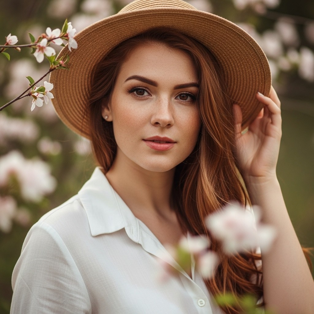 A curvy woman with light freckles adorning her fair skin, featuring light brownish red hair flowing gracefully down her back