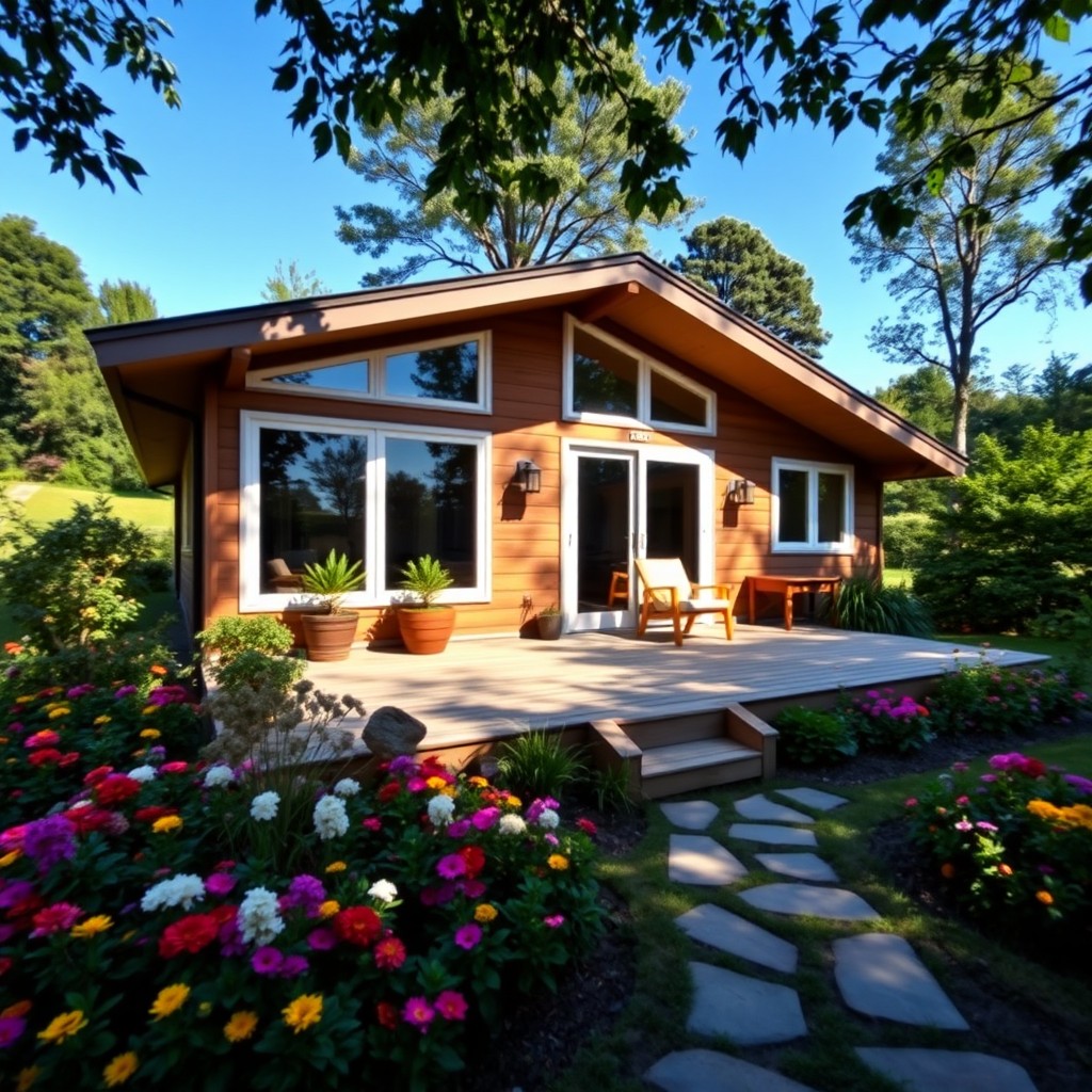 A cozy, modern house nestled in a lush green landscape, featuring large windows that reflect the sunlight