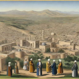 Historical panorama of Iran in the year 1747, showcasing the landscape, architecture and people in traditional clothing of the era.