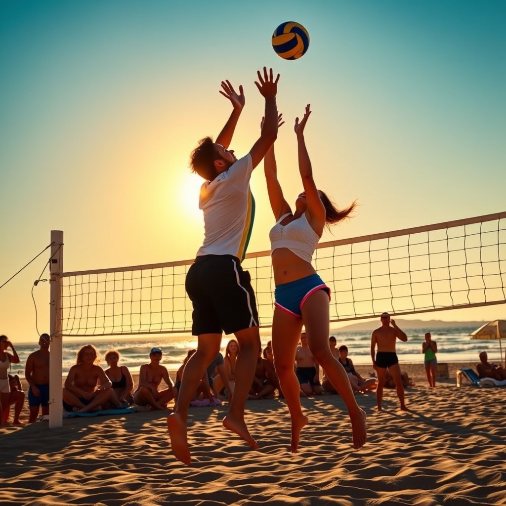 A dynamic scene of a volleyball game on a golden sandy beach, with two athletic players jumping to spike the ball over the net