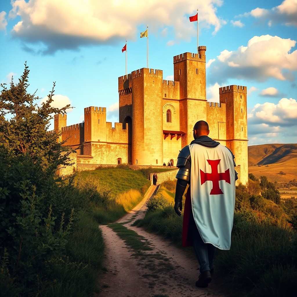 A templar walking towards a medieval castle during the afternoon
