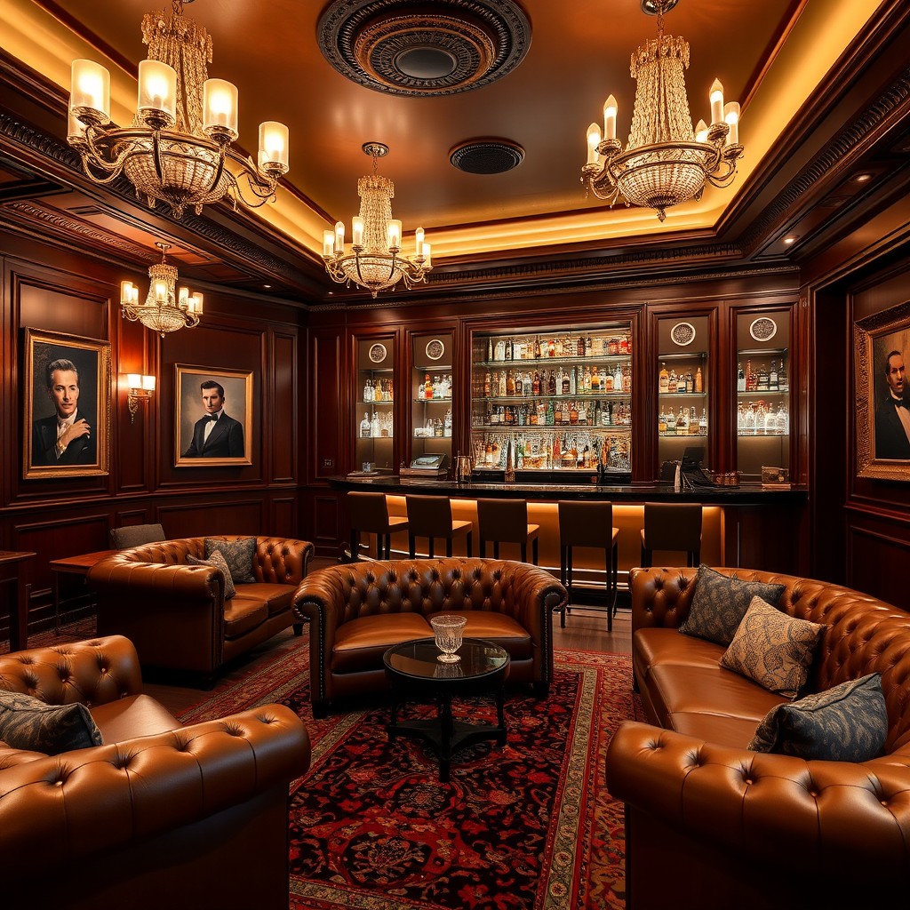 A luxurious gentleman's club lounge interior featuring plush leather sofas, rich mahogany paneling, and elegant chandeliers