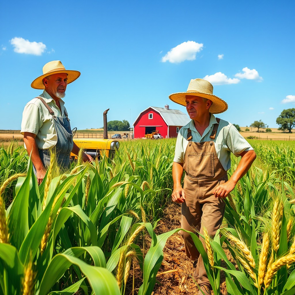 A vibrant and detailed agricultural scene depicting a hot sunny day on a farm, featuring rows of green crops such as corn and wheat swaying in the wind