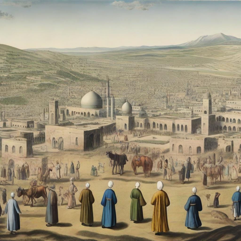 Historical panorama of Iran in the year 1747, showcasing the landscape, architecture and people in traditional clothing of the era.