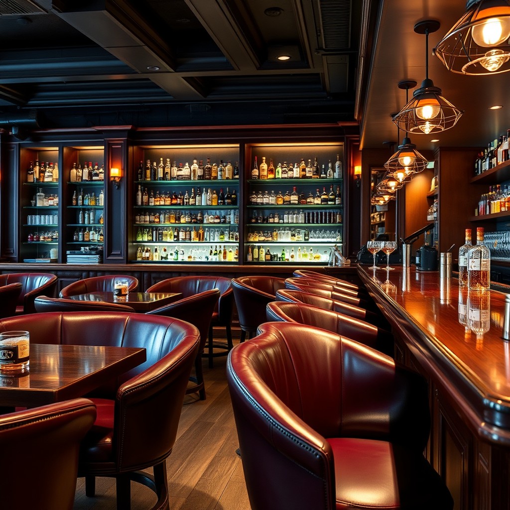 A stylish bar area featuring elegant bucket-style leather counter seats, luxuriously upholstered with high-quality leather in a deep burgundy color