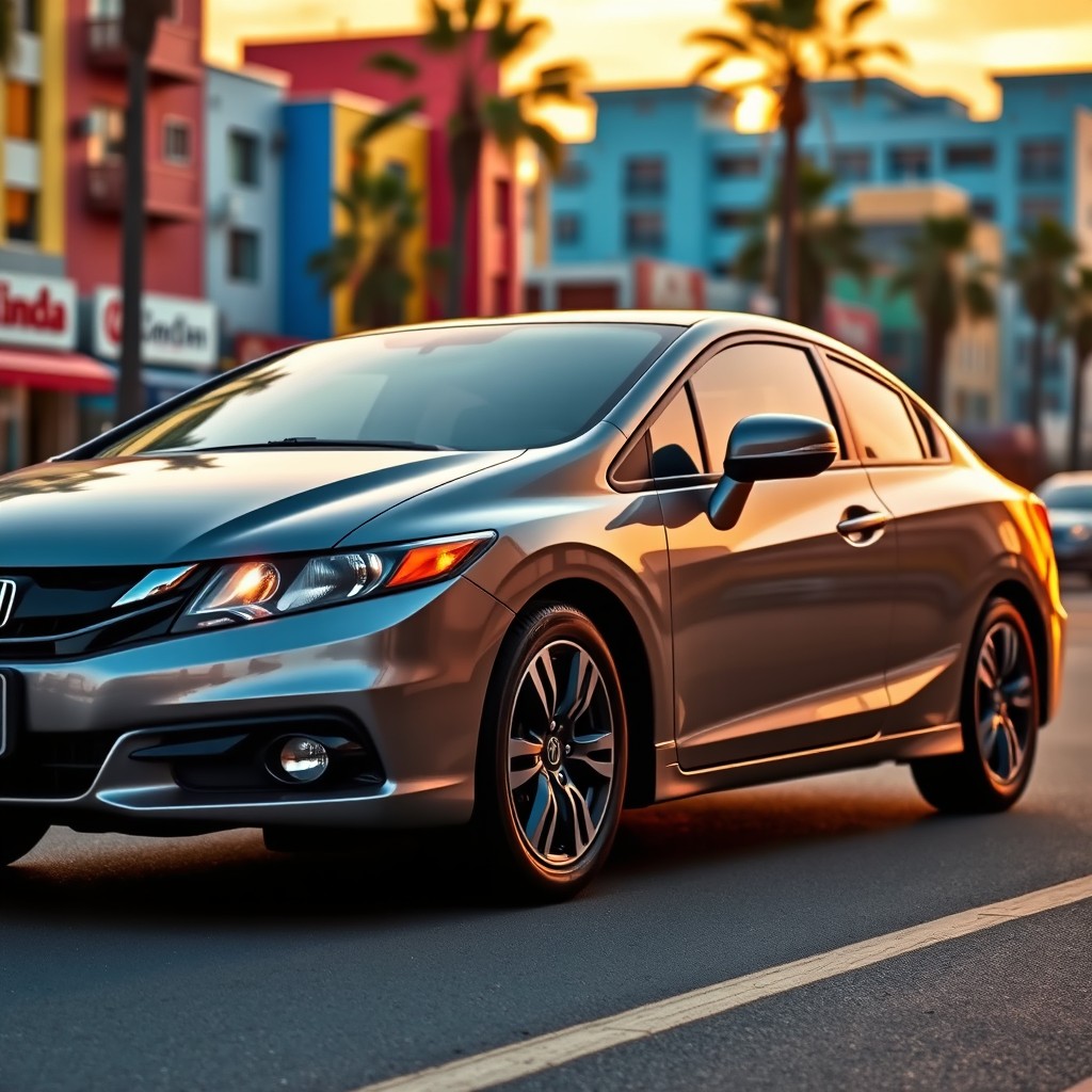 A sleek, stylish 2014 Honda Civic parked on a vibrant city street during sunset