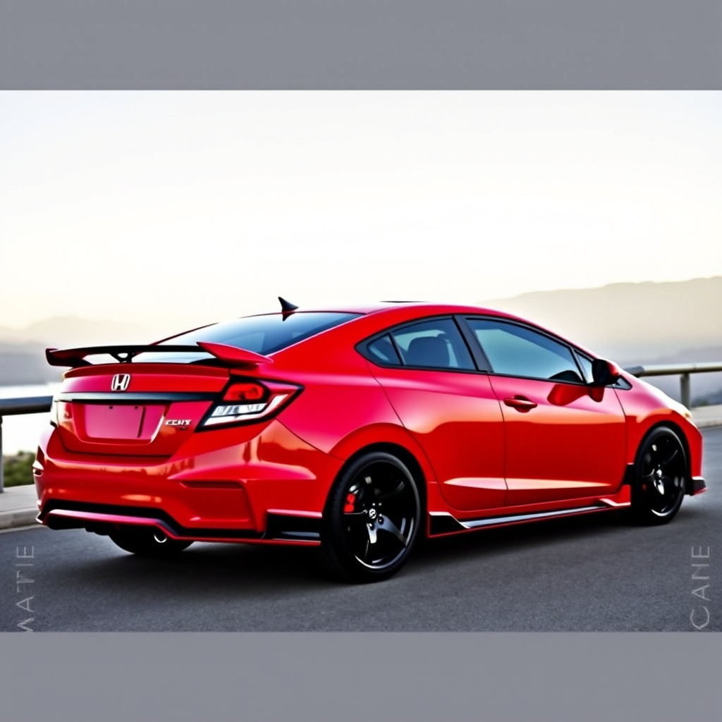 A vibrant red Honda Civic 2014 in the shade "Rojo Caney", showcasing sleek black rims and a sporty rear spoiler