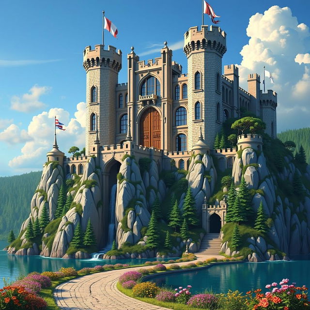A grand and imposing massive castle, perched atop a rocky cliff, surrounded by lush green forests