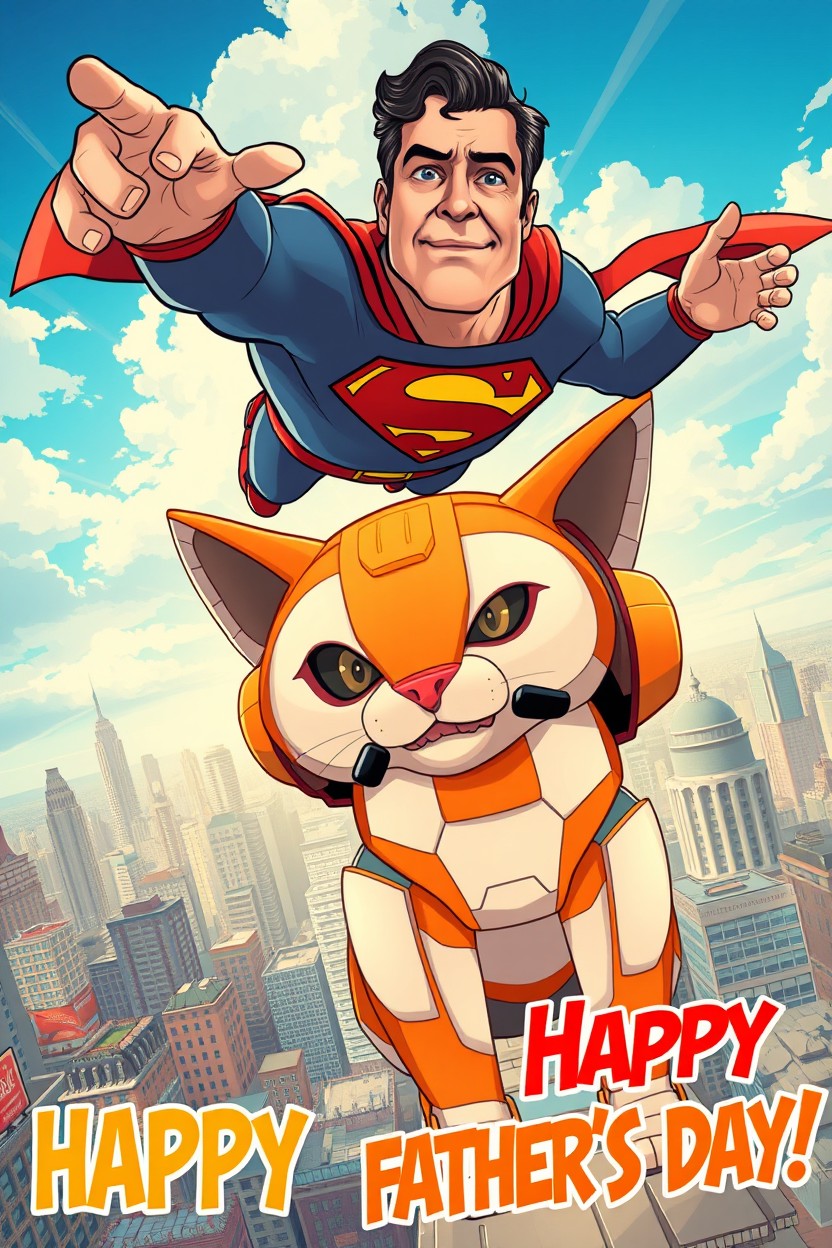 A wide-angle comic-style animated scene for Father's Day