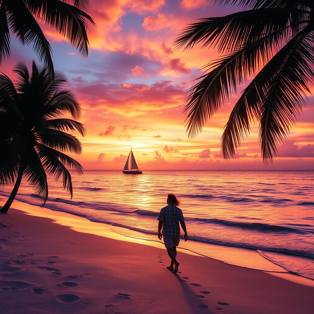 A beautiful summer sunset at a tranquil beach, the sky awash with vibrant hues of orange, pink, and purple, reflecting on the gentle waves of the ocean