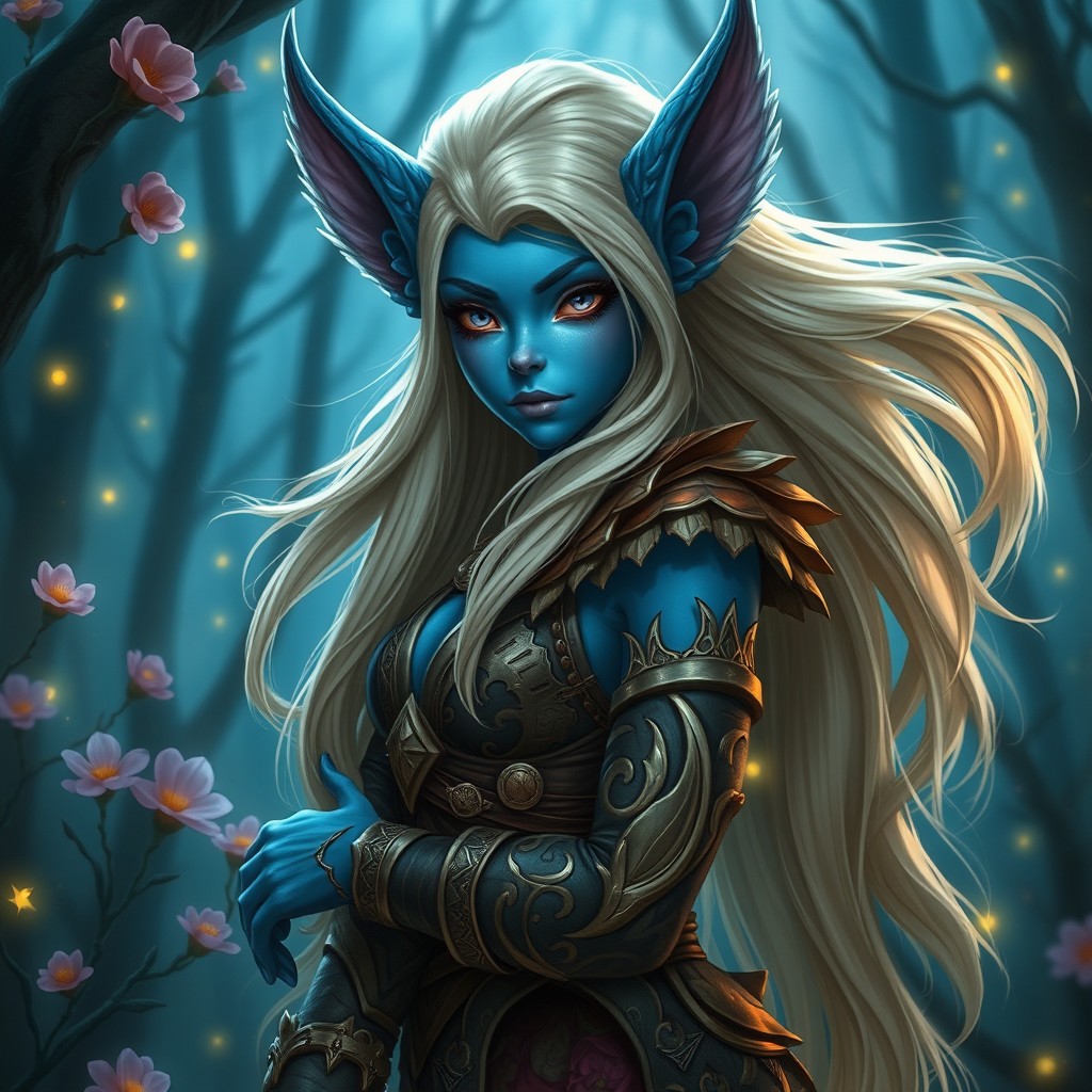 A stunning blue bugbear female with long flowing blonde hair, showcasing distinct features typical of a bugbear such as large ears and an imposing yet graceful stature