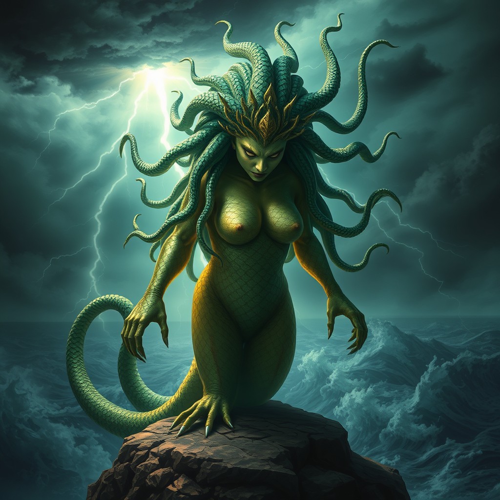 A mythical creature inspired by the Gorgona, featuring serpentine hair and a fierce expression