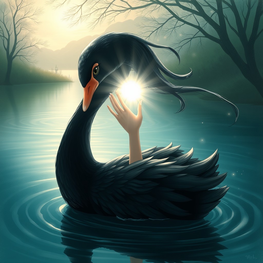A captivating scene featuring a black swan girl, a magical creature with elegant black feathers, gazing through her delicate fingers at a soft, radiant light