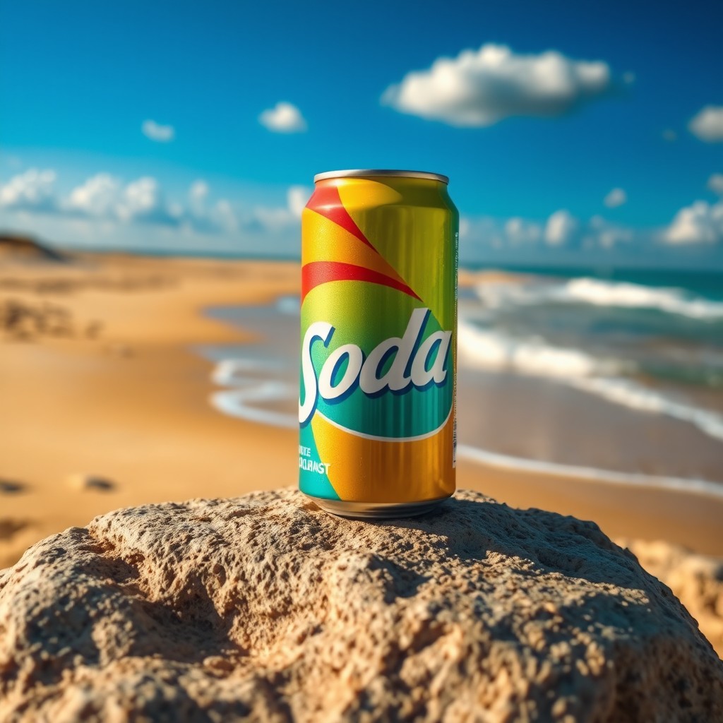 A realistic photo of a vibrant soda can resting on a textured stone, with a beautiful beach scene in the background