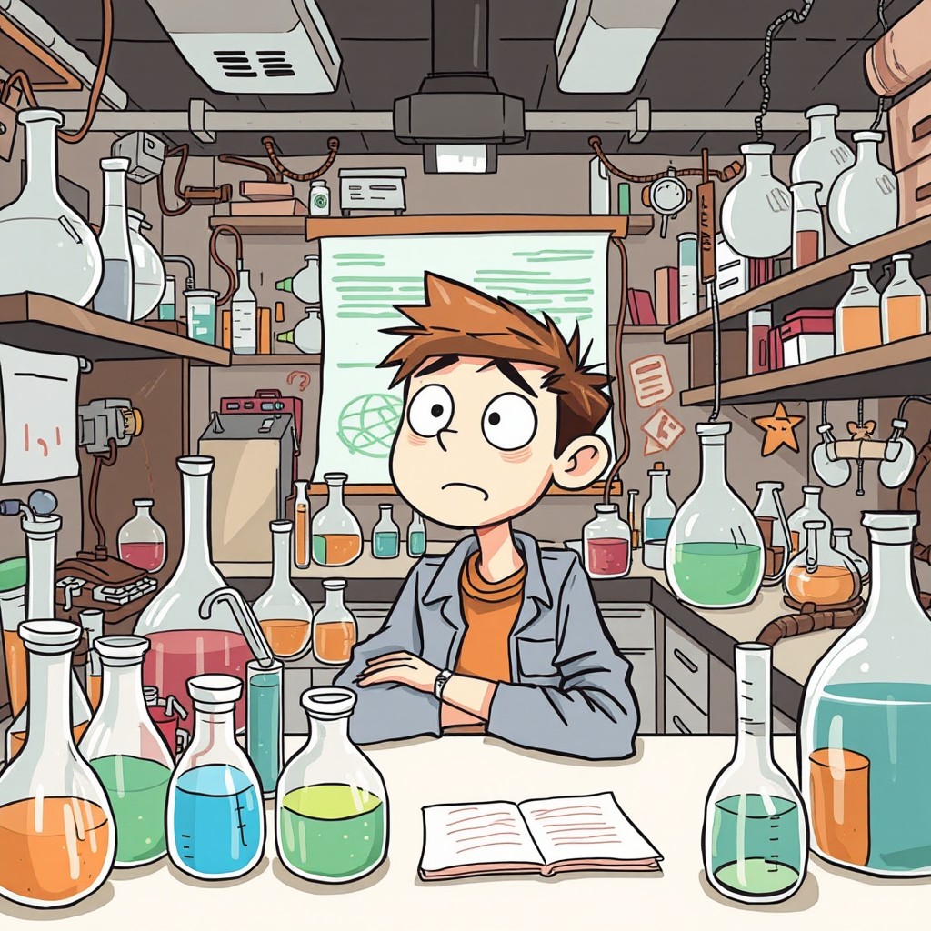 Illustrate a scene of a student in a laboratory surrounded by various experiments and scientific equipment, looking confused and overwhelmed