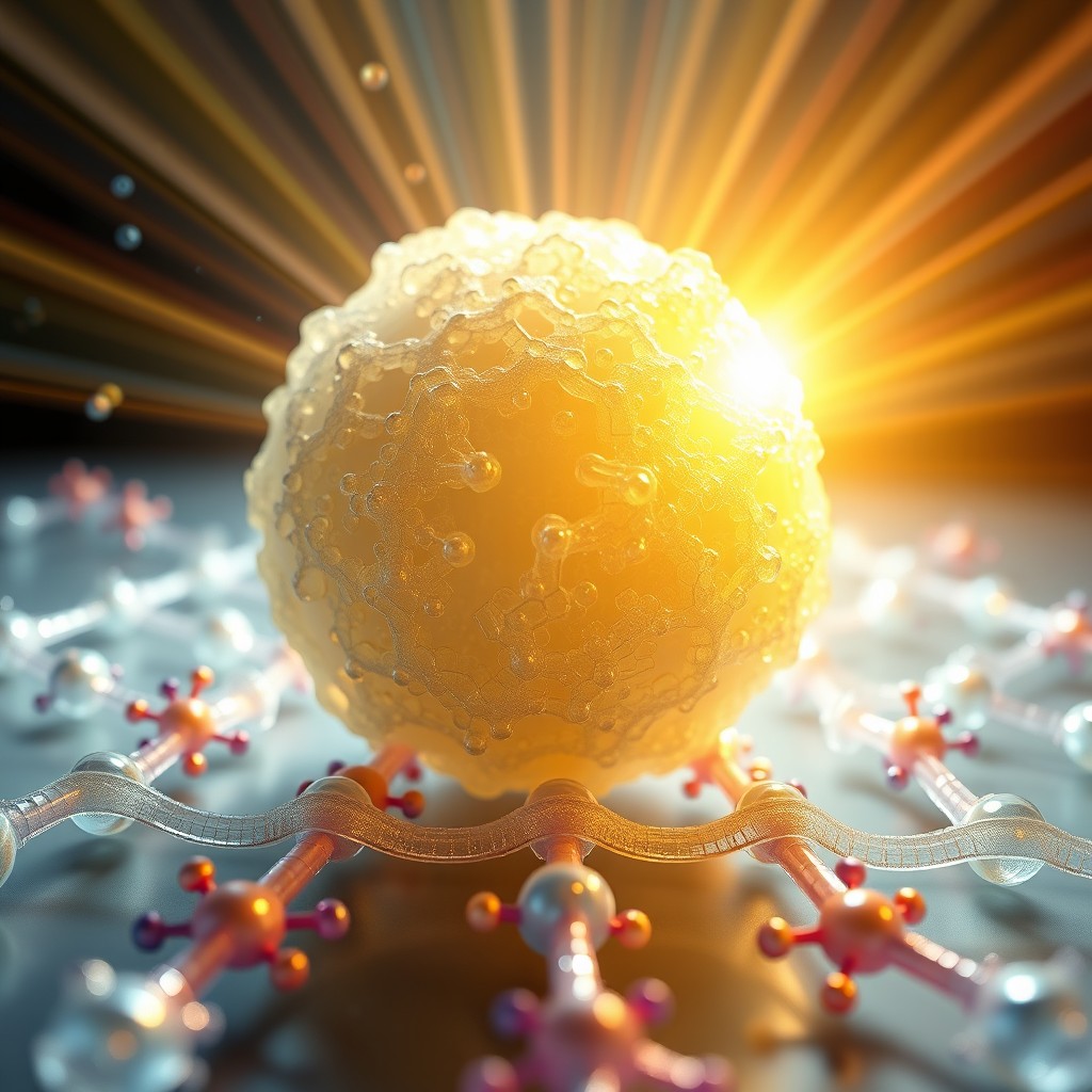 Create a 3D illustration of an MFI type Zeolite particle with intricate details, surrounded by transparent porous polymer chains that are photoactive