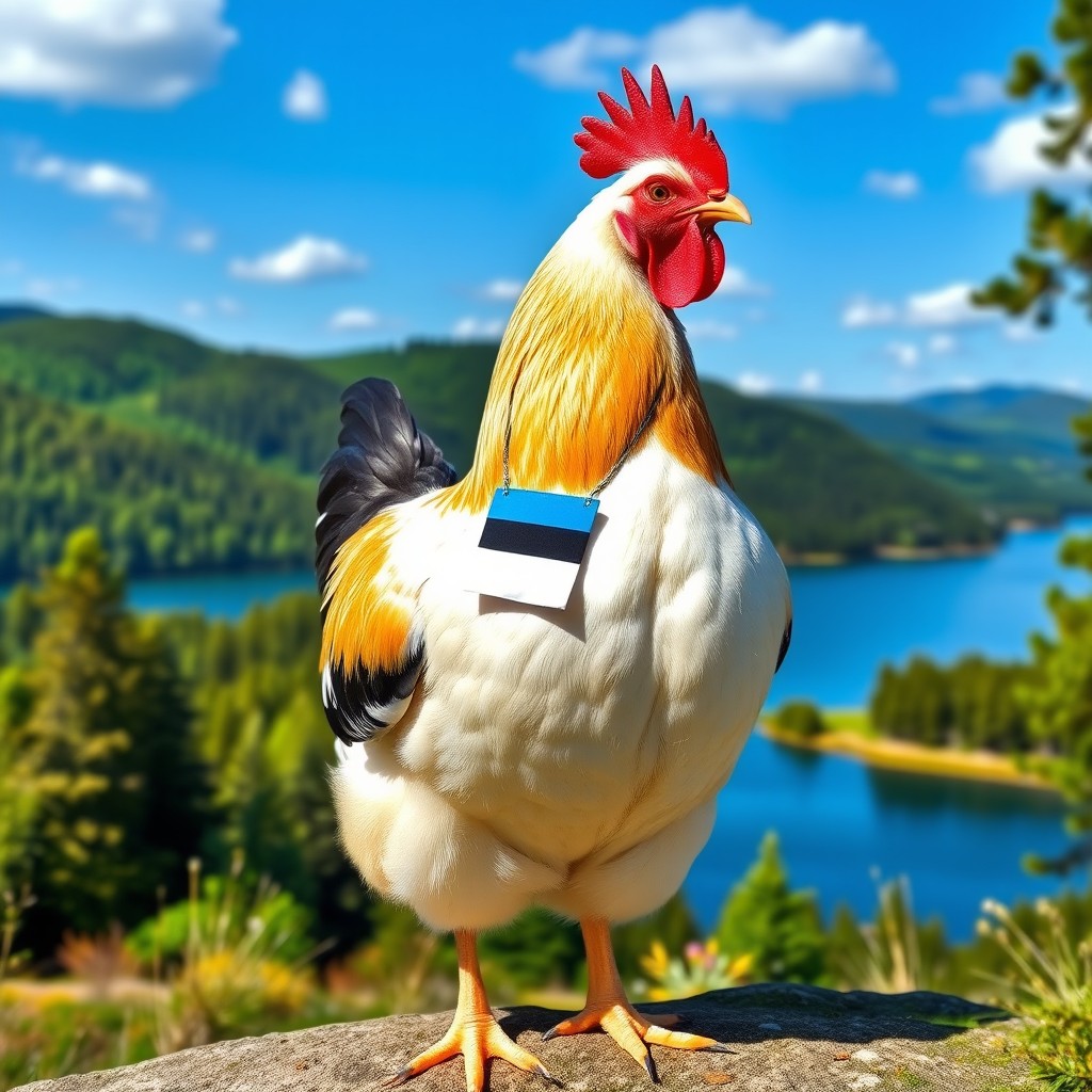 A proud Estonian chicken standing with its chest puffed out in front of an idyllic landscape of Estonia