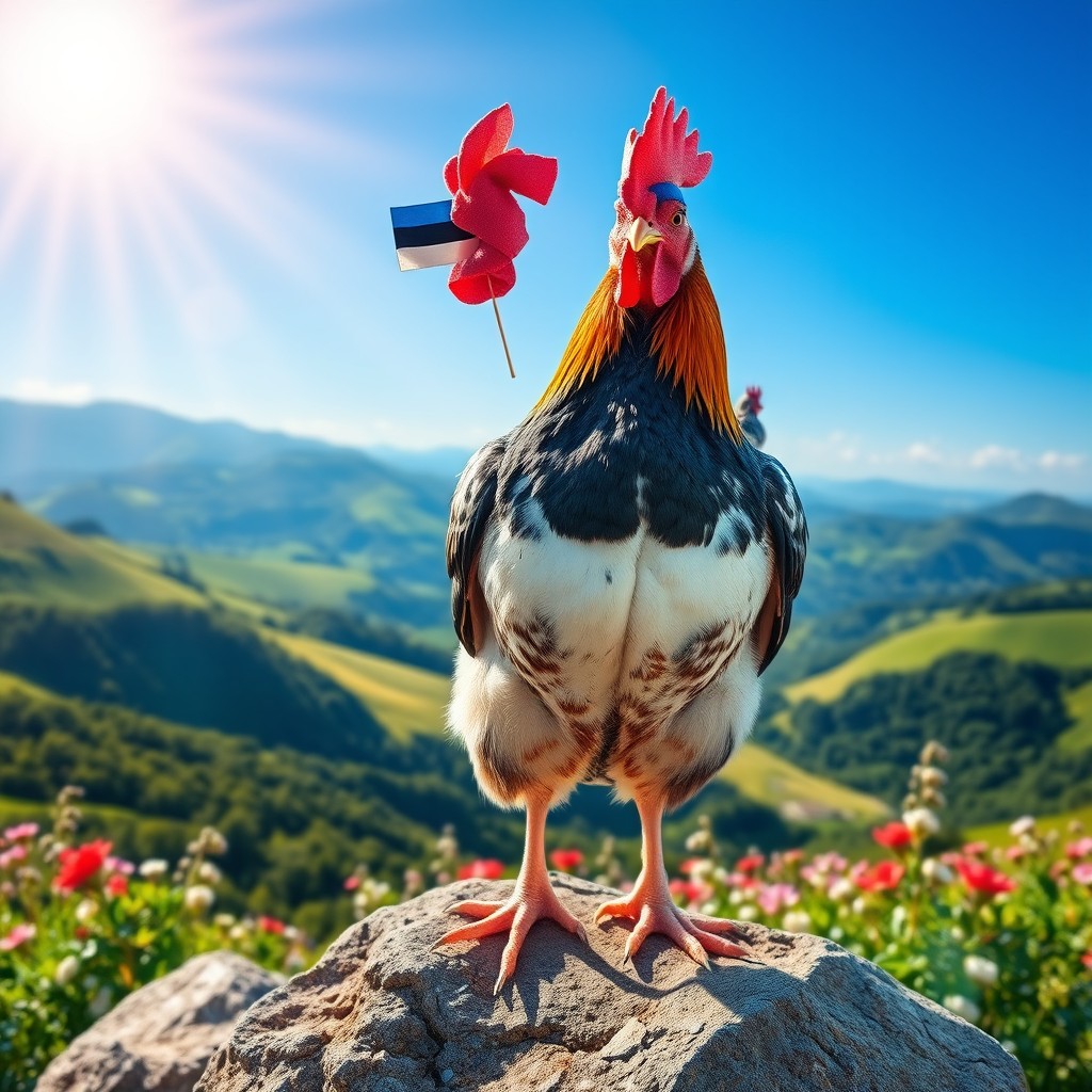 An exuberant Estonian chicken proudly standing on a rock, its chest puffed out and wings slightly spread in a display of patriotism