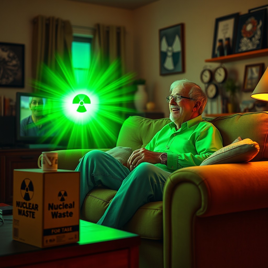 A photorealistic image featuring a typical funny father radiating a vibrant green glow from nuclear energy while leisurely sitting on his sofa, completely absorbed in watching television
