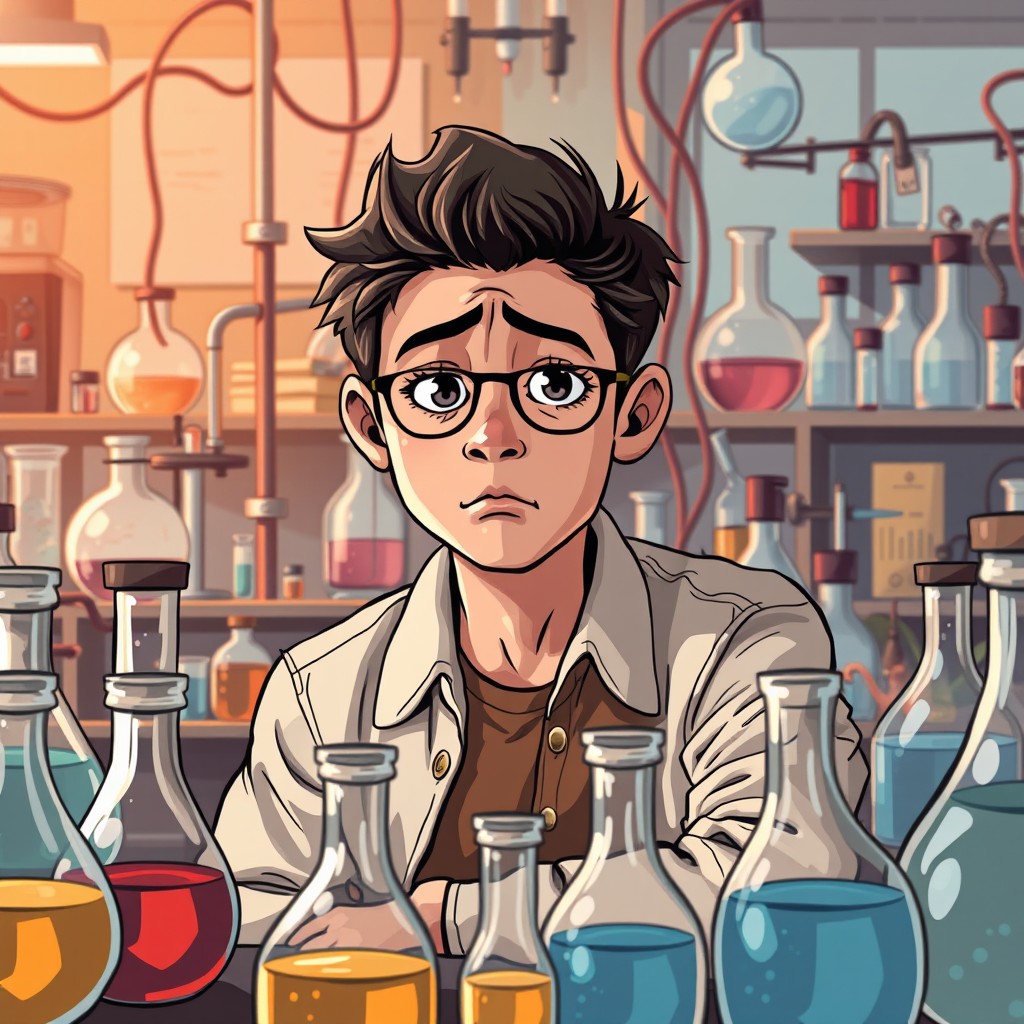 Illustrate a realistic photo of a student in a laboratory filled with various scientific experiments and equipment, including test tubes, flasks, and lab instruments