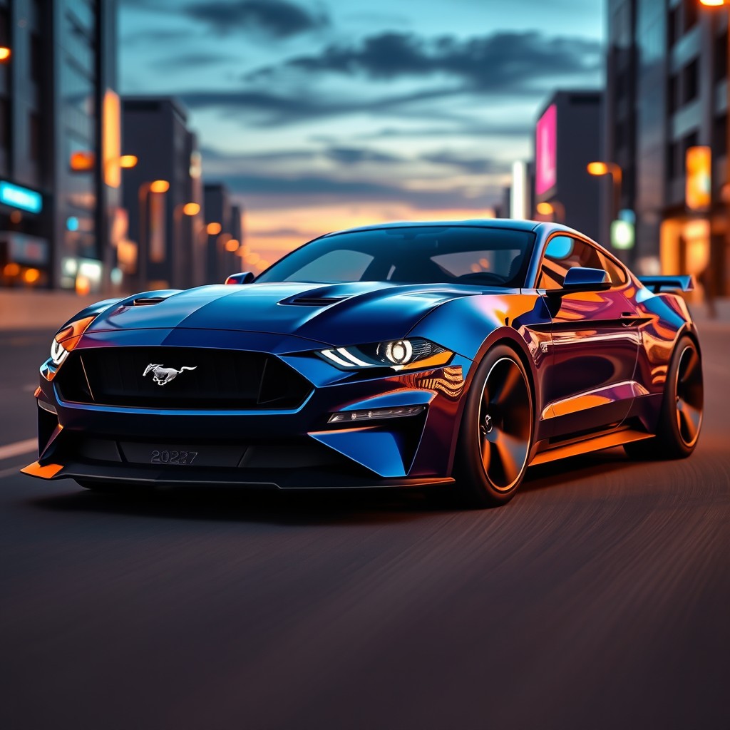 A futuristic concept car design for a 2027 Mustang, showcasing sleek lines, a powerful, aerodynamic body, and innovative technology features