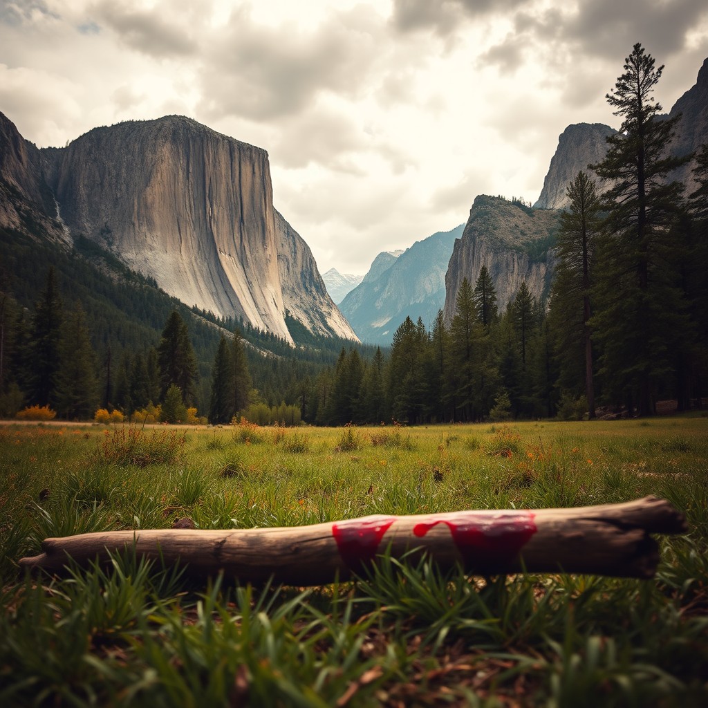 A dramatic landscape shot showcasing the majestic Yosemite Valley in the background, featuring towering granite cliffs and lush green forests