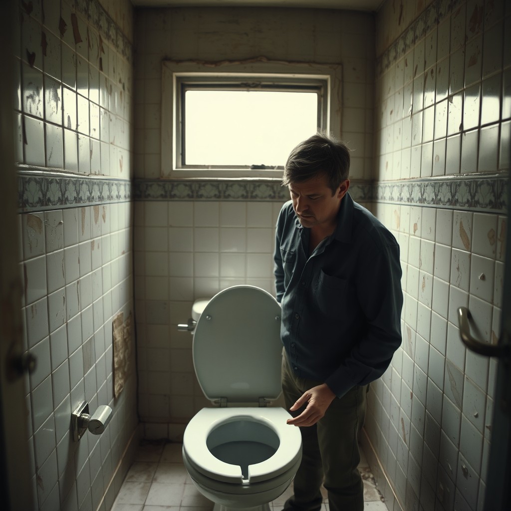 A cinematic wide shot of a man standing in a worn-out restroom, gazing down at his broken toilet seat with a look of frustration and confusion