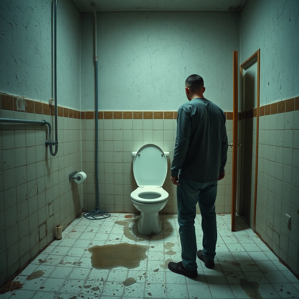 A cinematic wide shot of a man standing in a large, worn-out bathroom, staring at his broken toilet seat with a look of dismay and frustration