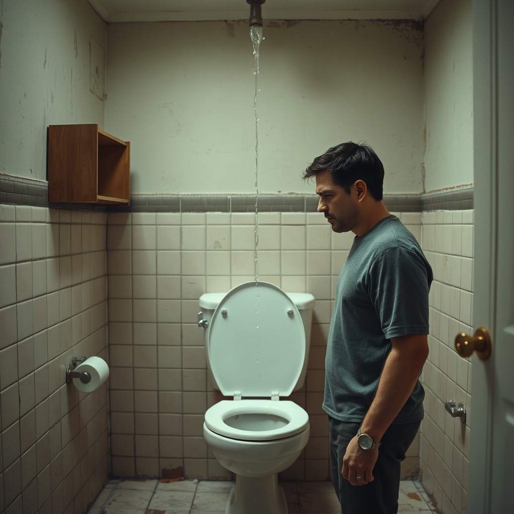 A cinematic wide shot of a man standing in a large, worn-out bathroom, gazing at his broken toilet seat with a look of exasperation