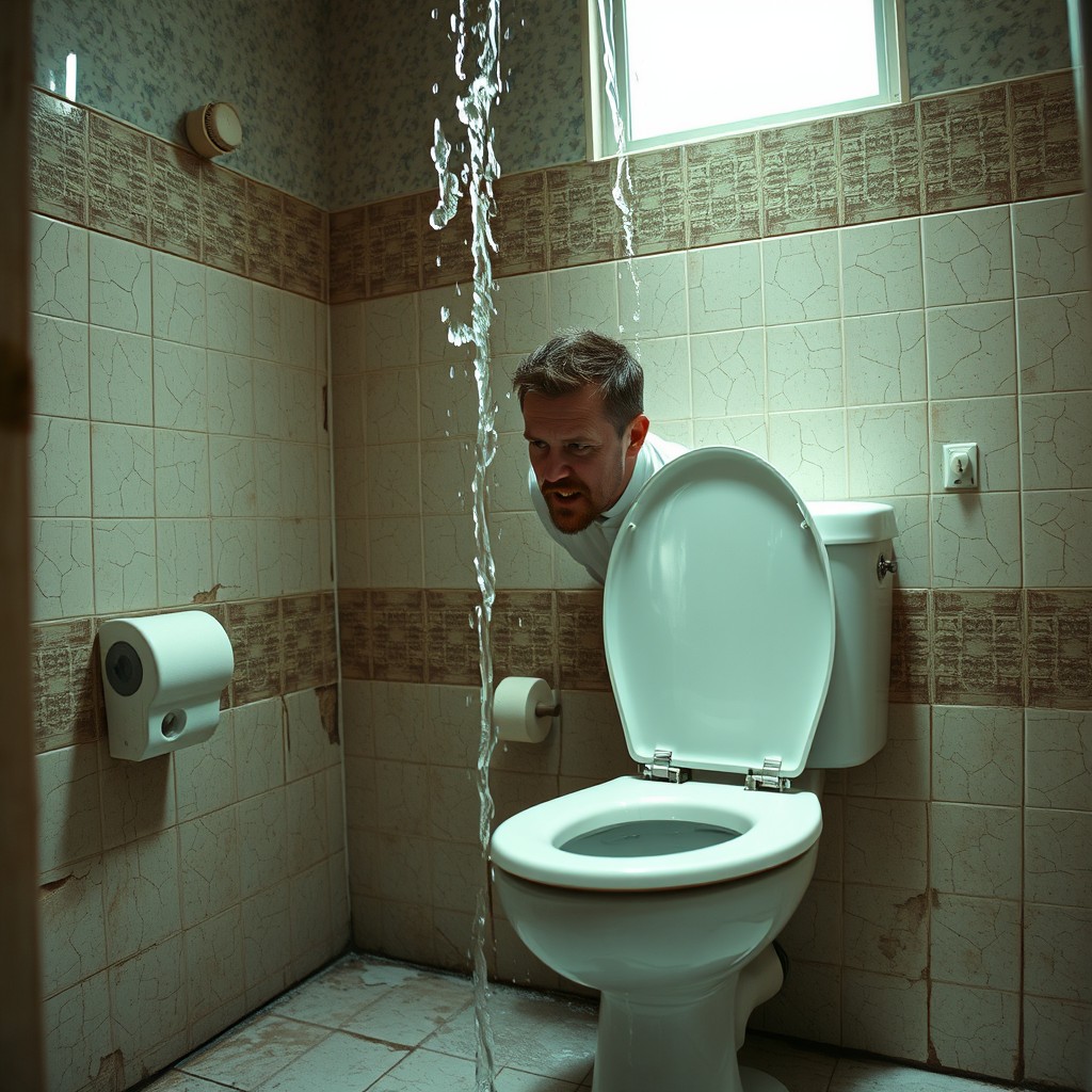 A cinematic wide shot of a man standing in a large, worn-out bathroom, staring at his broken toilet seat with a mix of disbelief and irritation