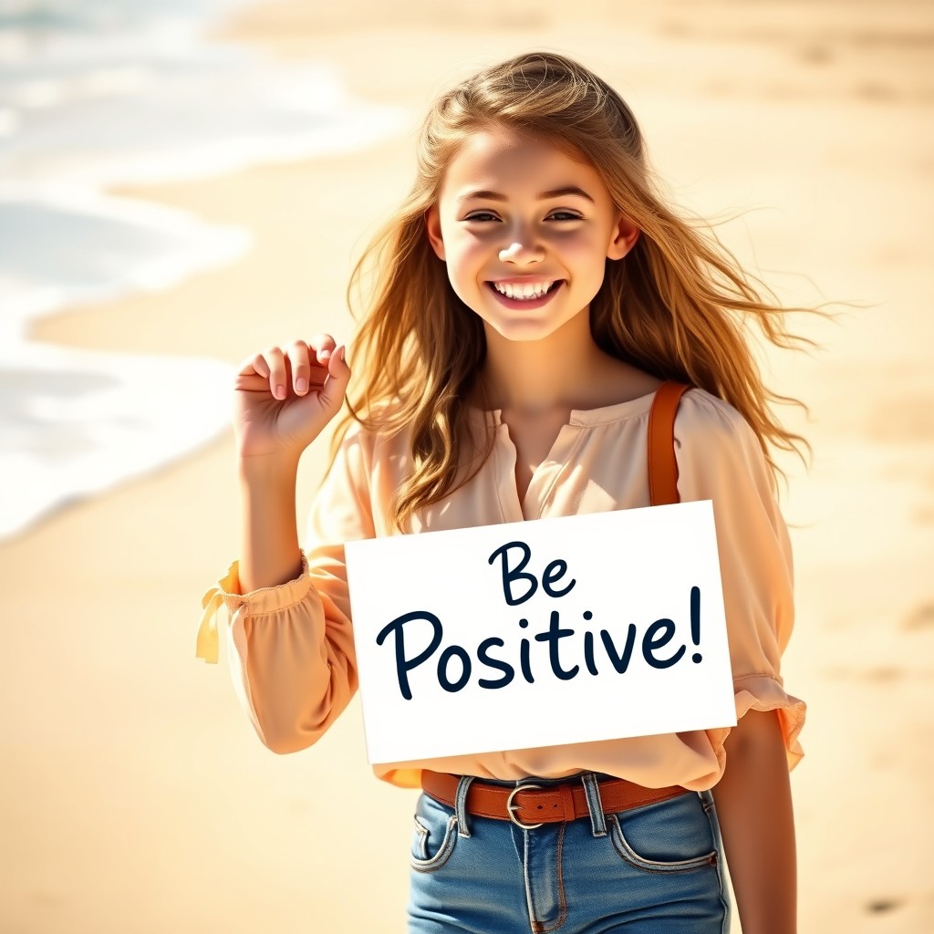 A realistic portrait of a teenage girl wearing a stylish blouse and fitted jeans, exuding a positive and cheerful vibe