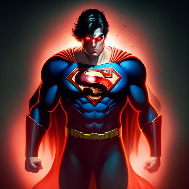 Superman with red glowing eyes, a dark suit, and an ominous aura, showing an evil version of the classic hero.