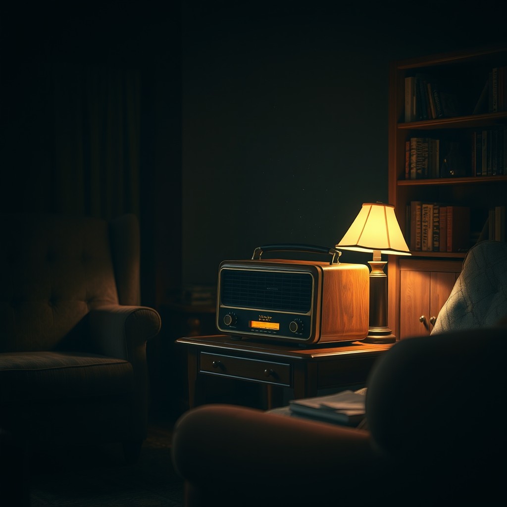 An old vintage radio playing music in a dark, cozy living room, with its soft glow casting a warm light across the room