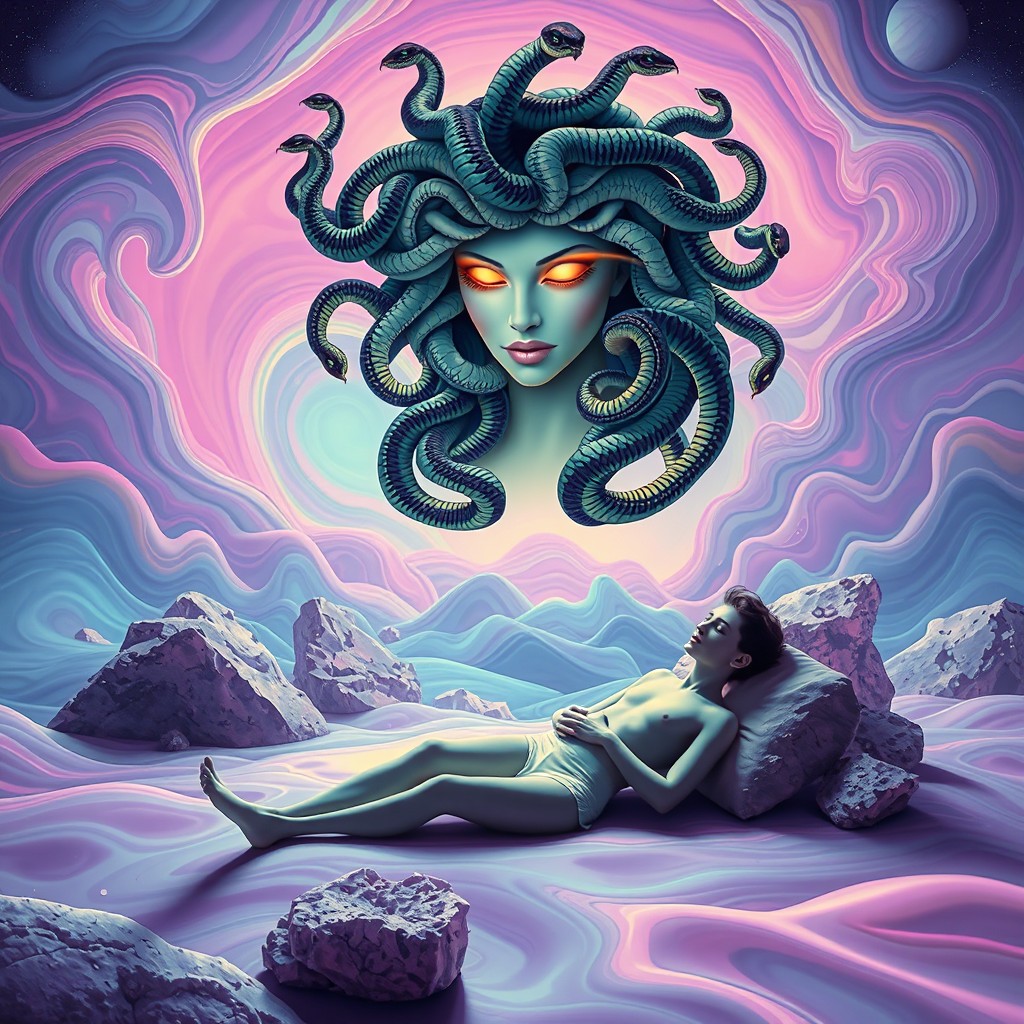 A psychedelic landscape designed to evoke calm and relaxation, featuring soft, swirling colors and organic shapes throughout the scene