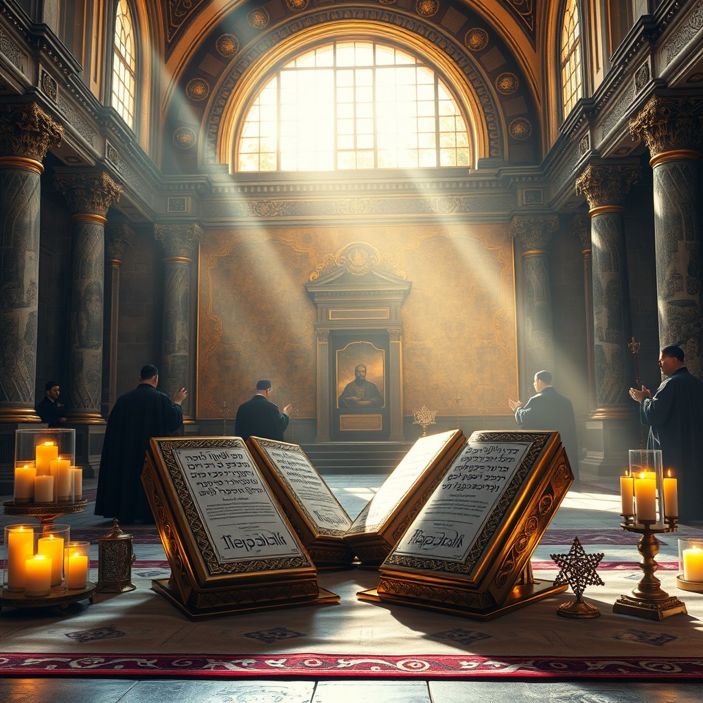 A beautifully detailed scene depicting the Tefillin boxes, placed reverently in the Third Temple of Jerusalem