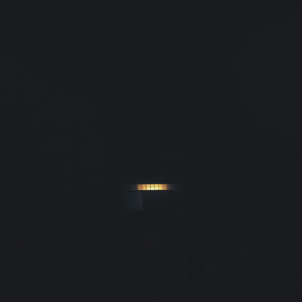 An old vintage radio playing in a completely dark living room, its dial faintly glowing in the absence of additional light