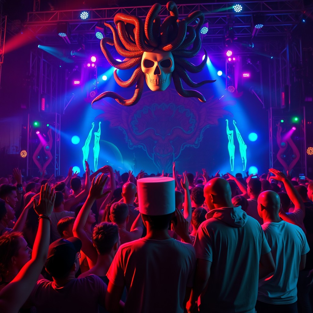 An EDM festival setting filled with vibrant lights and an energetic atmosphere, capturing the essence of live music