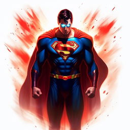 Superman with red glowing eyes, a dark suit, and an ominous aura, showing an evil version of the classic hero.