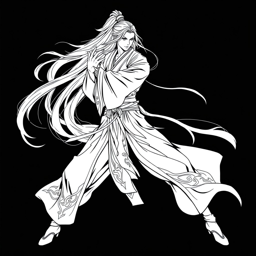 A stylized wuxia character featuring long flowing hair, wearing elegant and dynamic long clothing typical of traditional Chinese martial arts